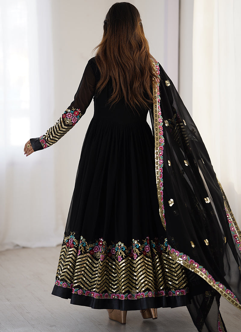 Georgette Black Wedding Wear Embroidery Work Readymade Anarkali Suit