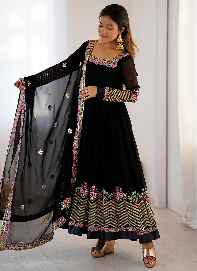 Georgette Black Wedding Wear Embroidery Work Readymade Anarkali Suit