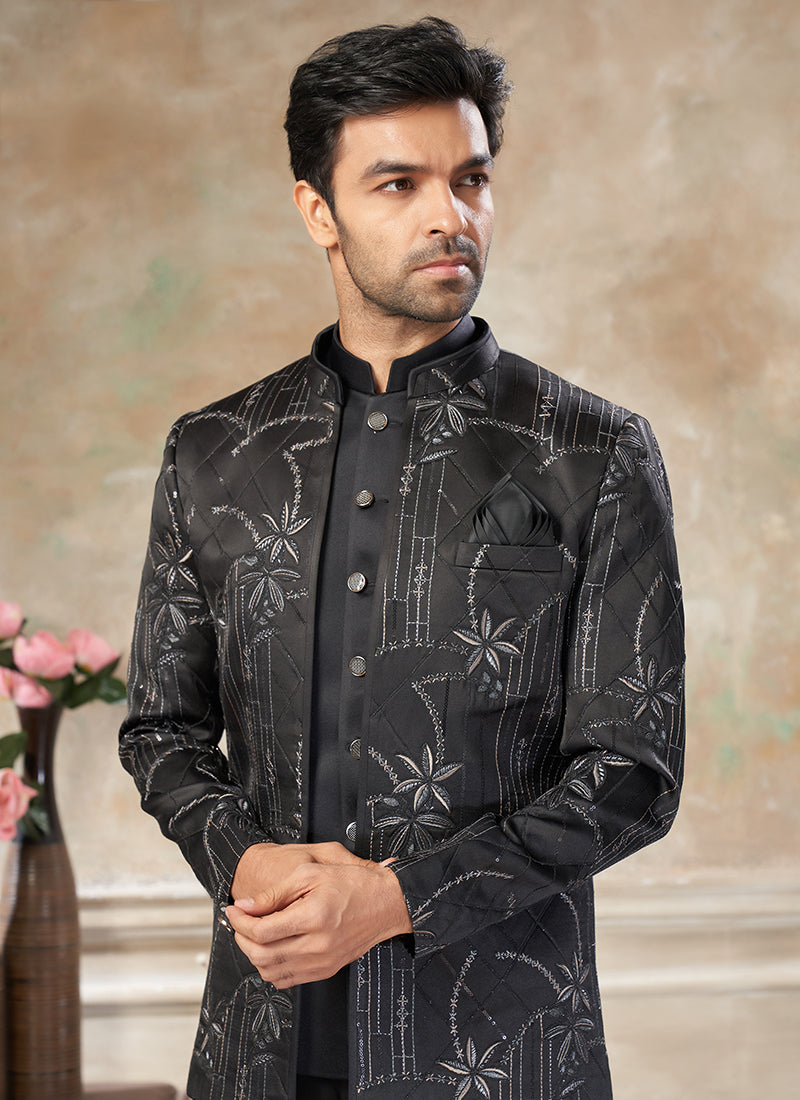 Imported Plain Fabric Black Party Wear Embroidery Work Readymade Jodhpuri Suit
