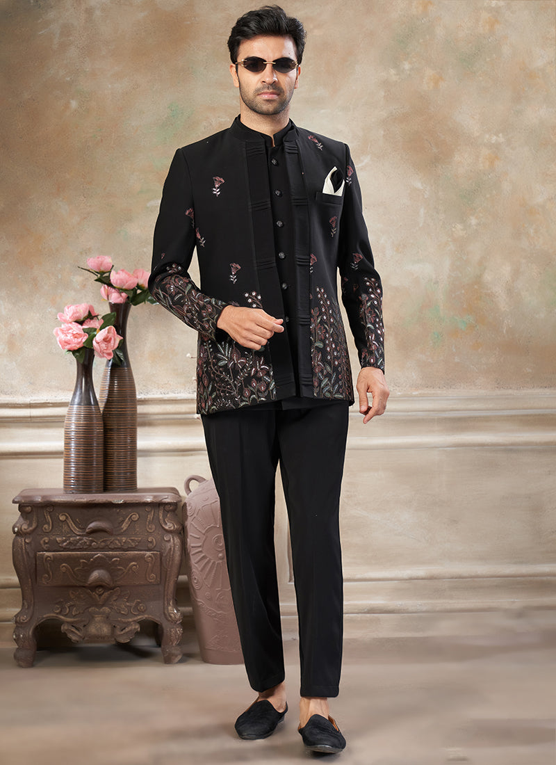 Imported Plain Fabric Black Party Wear Embroidery Work Readymade Jodhpuri Suit