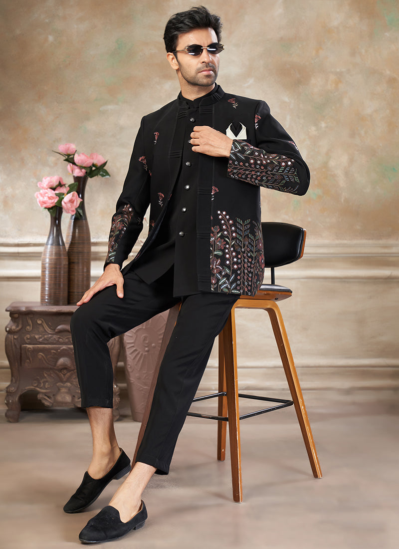 Imported Plain Fabric Black Party Wear Embroidery Work Readymade Jodhpuri Suit