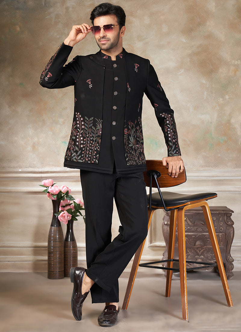 Imported Plain Fabric Black Party Wear Embroidery Work Readymade Jodhpuri Suit