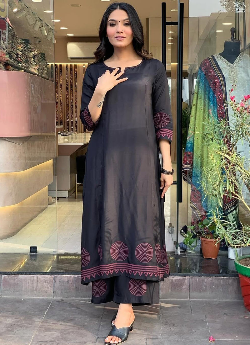 Rayon Black Daily Wear Printed Readymade Kurti Pant
