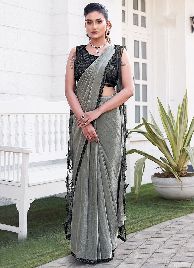 Satin Silk Black Party Wear Beads Handwork Ready To Wear Saree