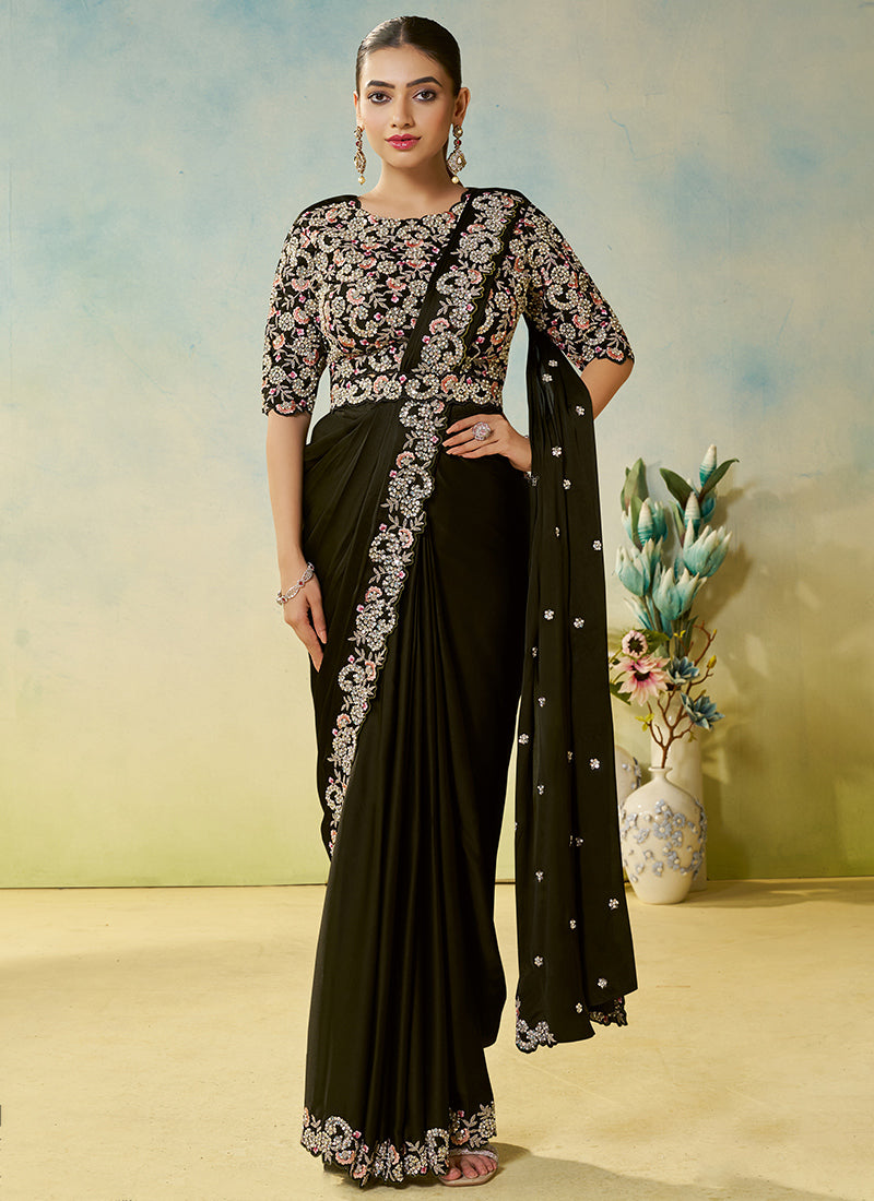 Black Satin Silk Sequin Work Party Wear Ready To Wear Saree SW562056