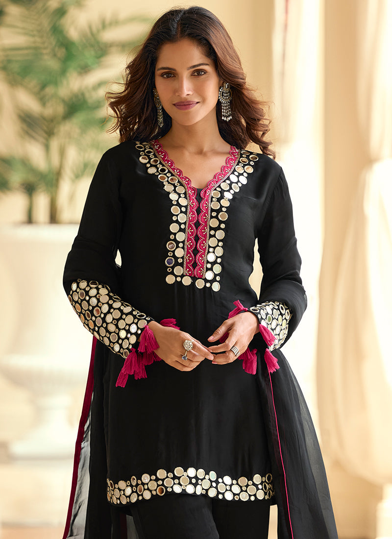 Black Shimmer Silk Mirror Work Occasional Wear Readymade Plazzo Suit SW663203