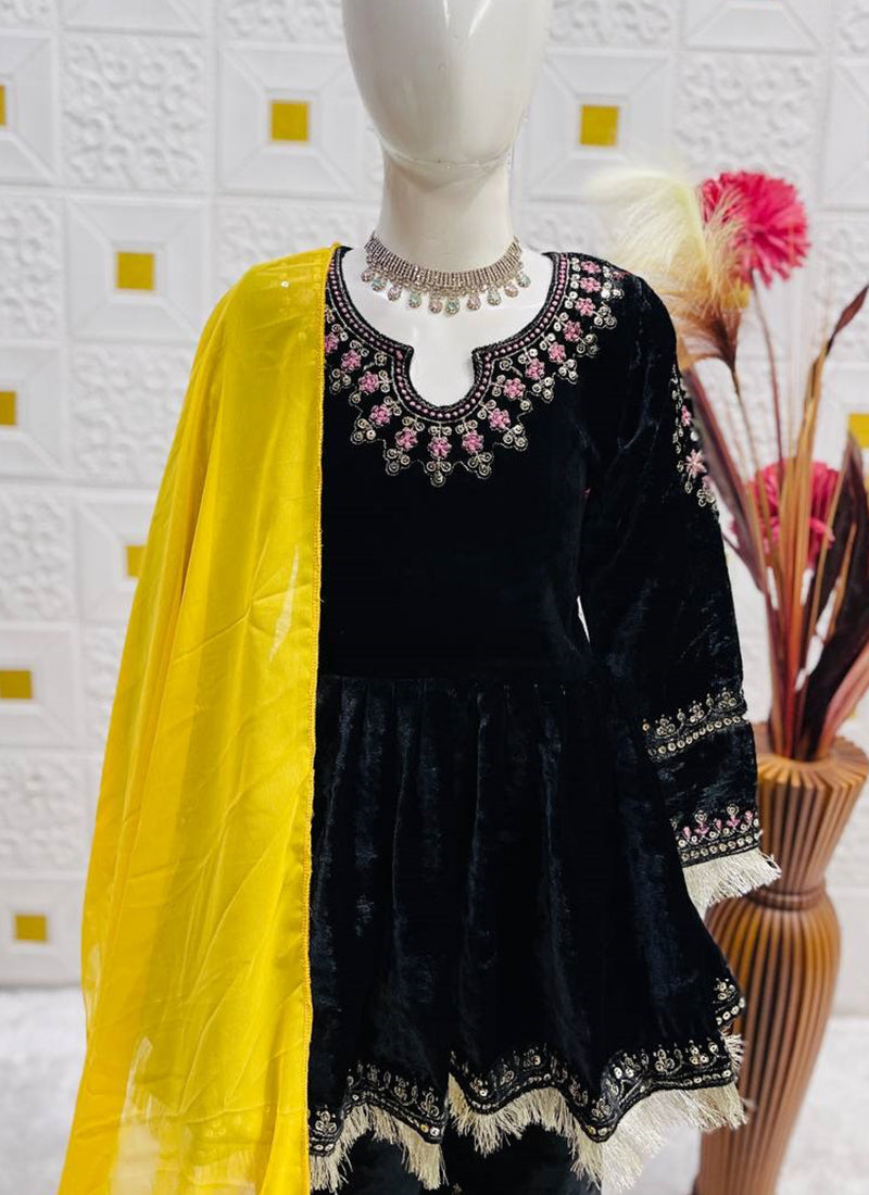 Velvet Black Wedding Wear Embroidery Work Readymade Salwar Suit For Girls