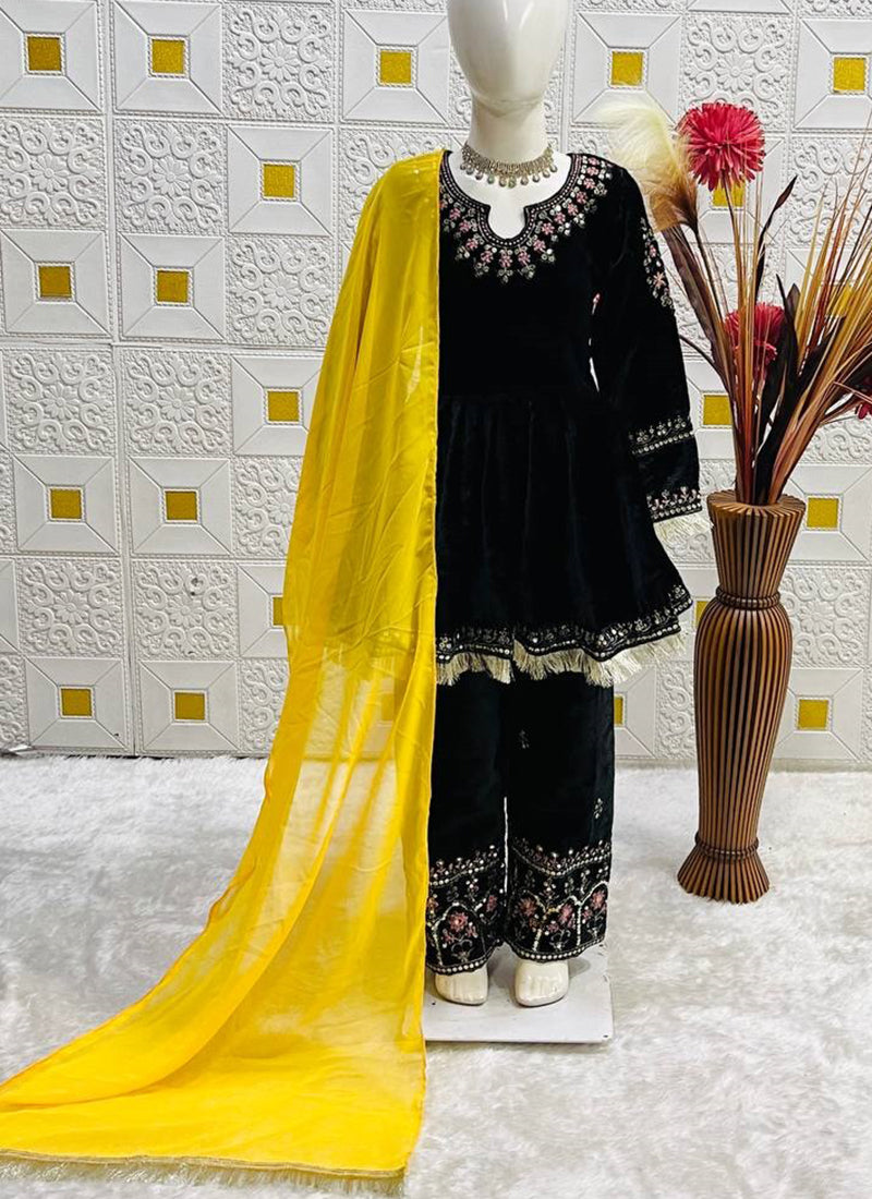 Velvet Black Wedding Wear Embroidery Work Readymade Salwar Suit For Girls