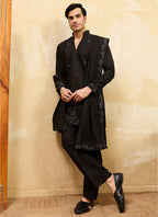Black Vichitra Silk Embroidery Work Occasional Wear Readymade Kurta With Dupatta SW973248
