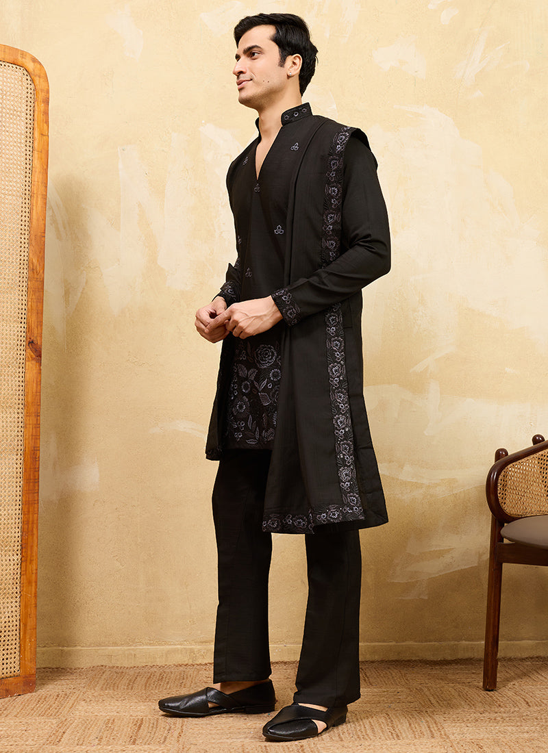Black Vichitra Silk Embroidery Work Occasional Wear Readymade Kurta With Dupatta SW973248