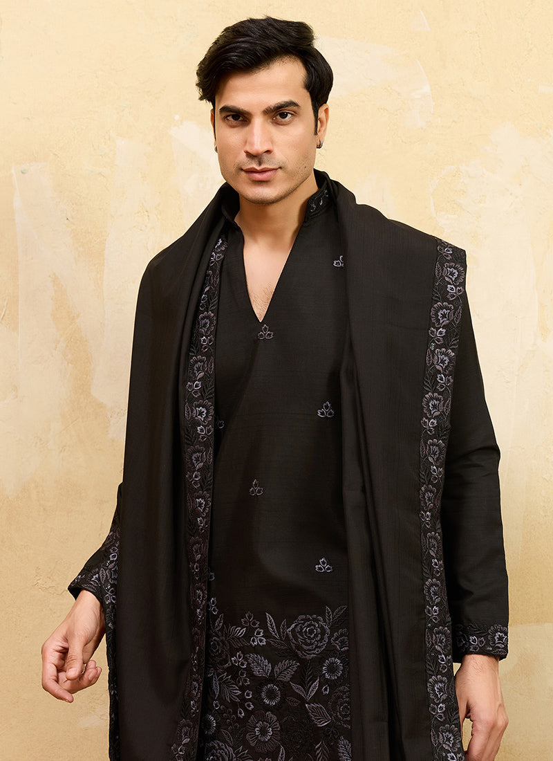 Black Vichitra Silk Embroidery Work Occasional Wear Readymade Kurta With Dupatta SW973248