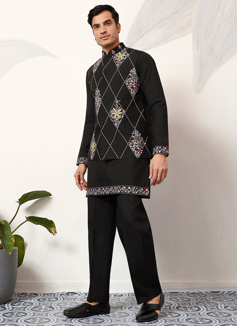 Viscose Art Silk Black Festival Wear Sequins Embroidery Work Readymade Modi Jacket Kurta Pajama 388647