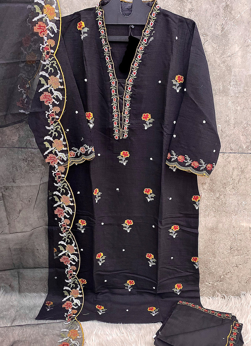 Viscose Black Traditional Wear Embroidery Work Readymade Pakistani Suit