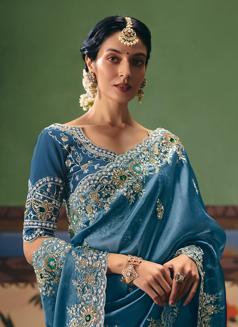 Blue  Fancy Embroidery Work Wedding Wear Saree SW594727