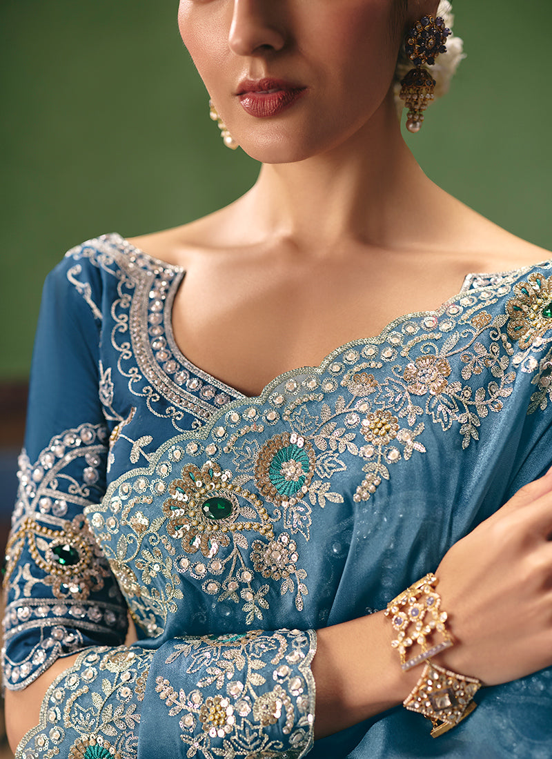 Blue  Fancy Embroidery Work Wedding Wear Saree SW594727