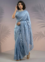 Blue  Rasberry Silk Thread Work Festival Wear Saree SW292309
