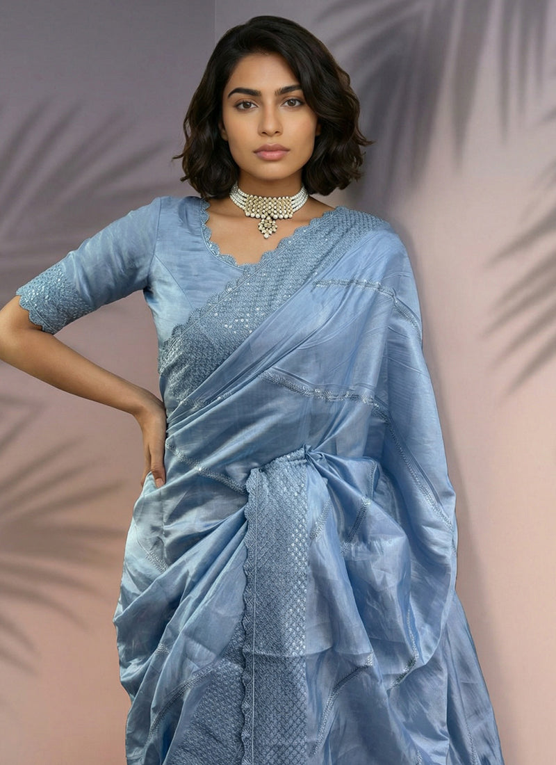Blue  Rasberry Silk Thread Work Festival Wear Saree SW292309