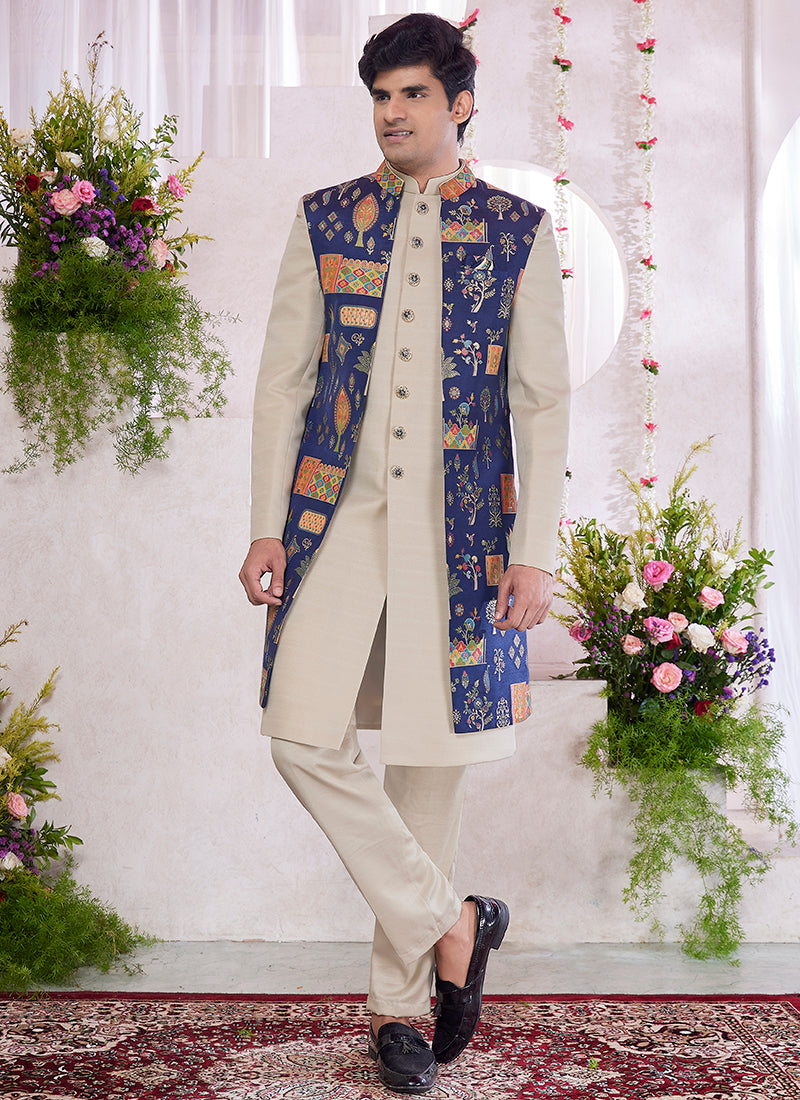 Art Silk Blue Party Wear Pattern Pc Readymade Sherwani With Jacket