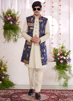 Art Silk Blue Party Wear Pattern Pc Readymade Sherwani With Jacket