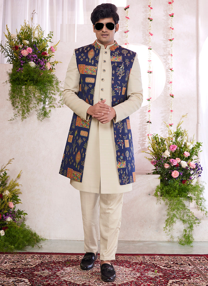 Art Silk Blue Party Wear Pattern Pc Readymade Sherwani With Jacket