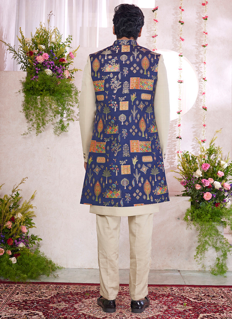 Art Silk Blue Party Wear Pattern Pc Readymade Sherwani With Jacket
