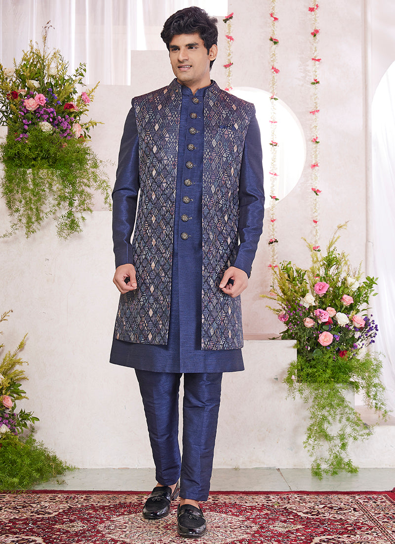 Art Silk Blue Party Wear Pattern Pc Readymade Sherwani With Jacket