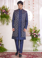 Art Silk Blue Party Wear Pattern Pc Readymade Sherwani With Jacket