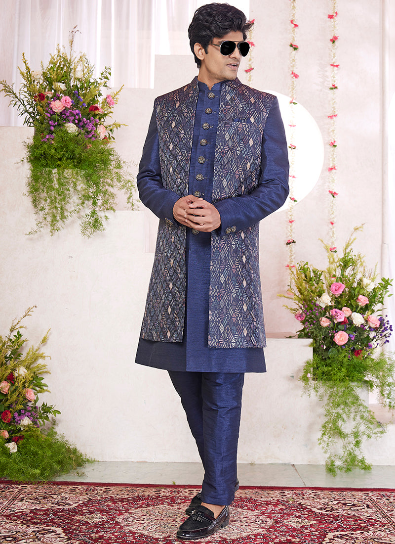 Art Silk Blue Party Wear Pattern Pc Readymade Sherwani With Jacket