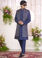 Art Silk Blue Party Wear Pattern Pc Readymade Sherwani With Jacket