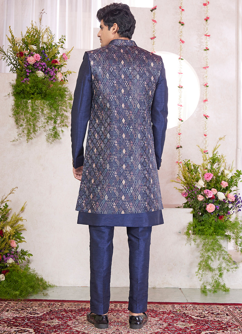 Art Silk Blue Party Wear Pattern Pc Readymade Sherwani With Jacket