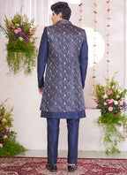 Art Silk Blue Party Wear Pattern Pc Readymade Sherwani With Jacket