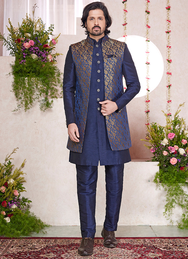 Art Silk Blue Party Wear Pattern Pc Readymade Sherwani With Jacket