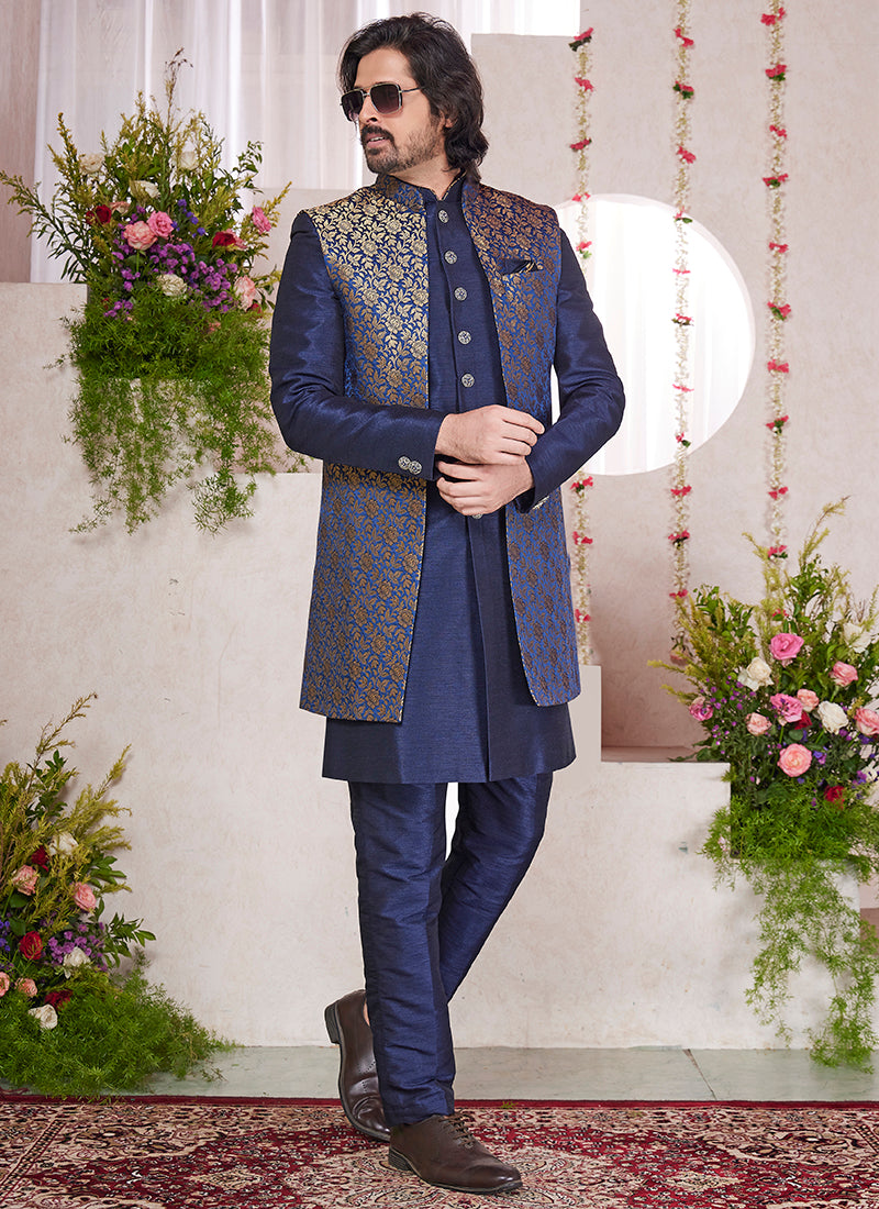 Art Silk Blue Party Wear Pattern Pc Readymade Sherwani With Jacket