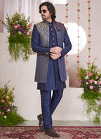Art Silk Blue Party Wear Pattern Pc Readymade Sherwani With Jacket