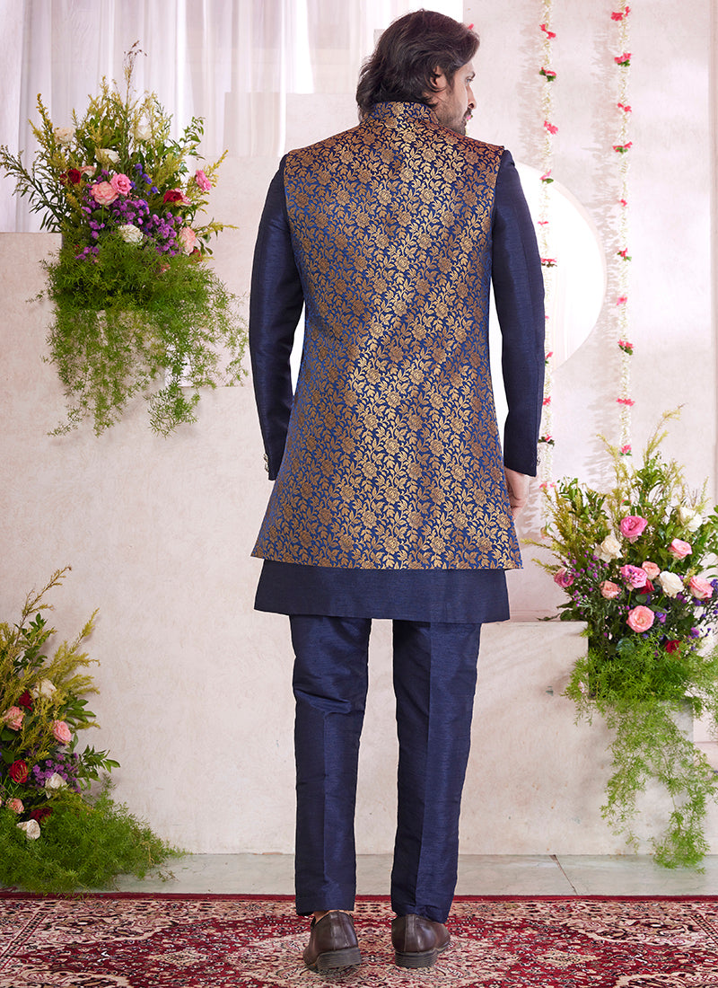 Art Silk Blue Party Wear Pattern Pc Readymade Sherwani With Jacket