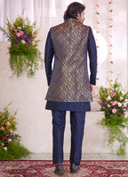 Art Silk Blue Party Wear Pattern Pc Readymade Sherwani With Jacket