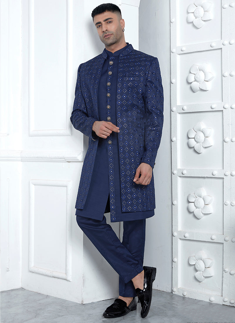 Art Silk Blue Wedding Wear Pattern Pc Readymade Sherwani