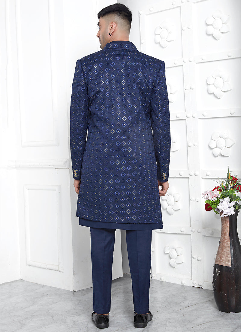 Art Silk Blue Wedding Wear Pattern Pc Readymade Sherwani