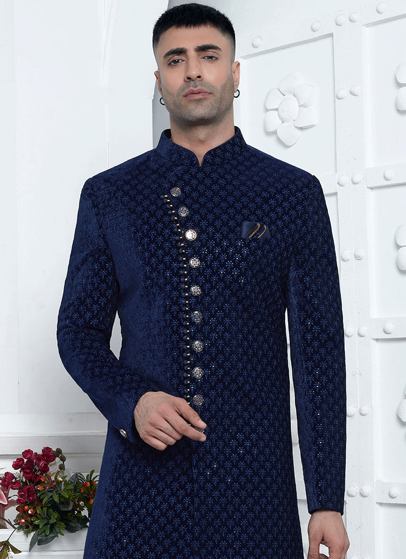 Art Silk Blue Wedding Wear Pattern Pc Readymade Sherwani