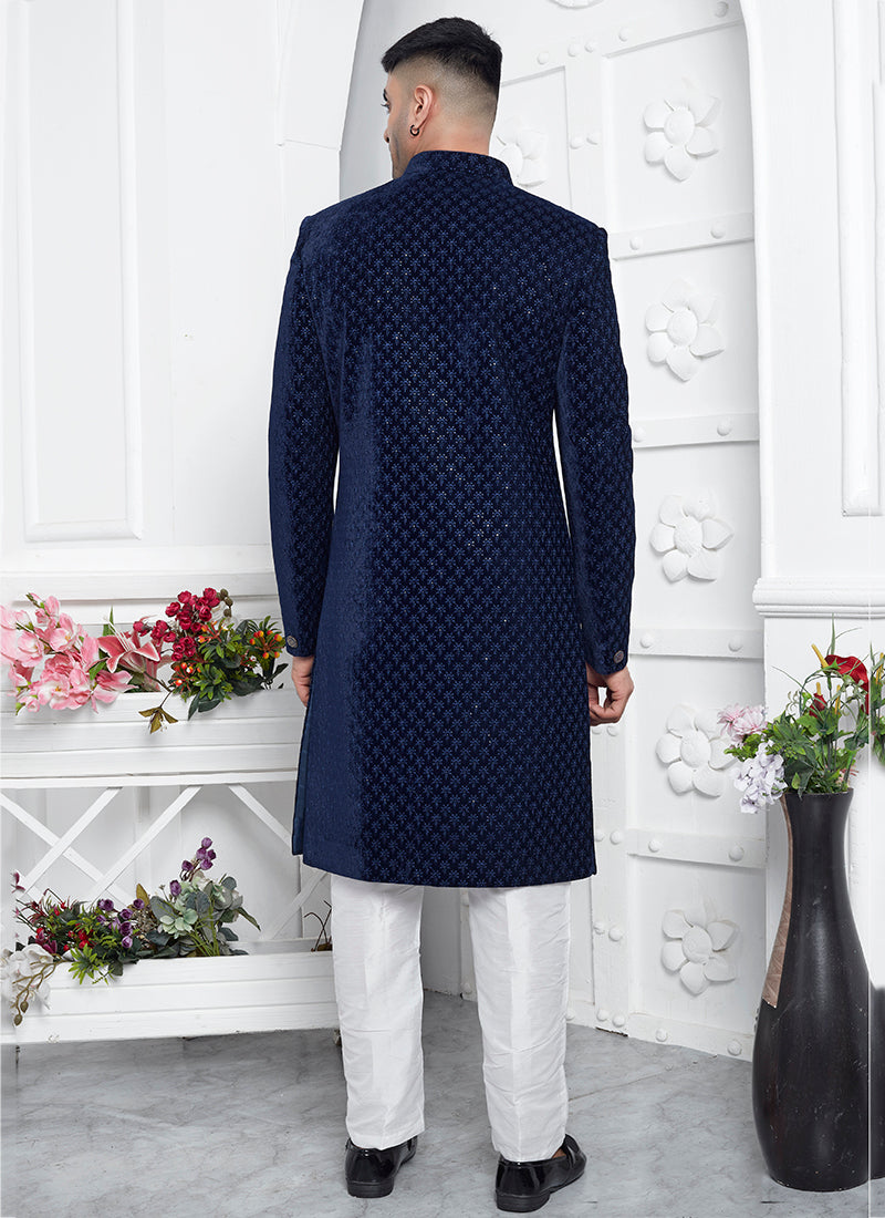 Art Silk Blue Wedding Wear Pattern Pc Readymade Sherwani