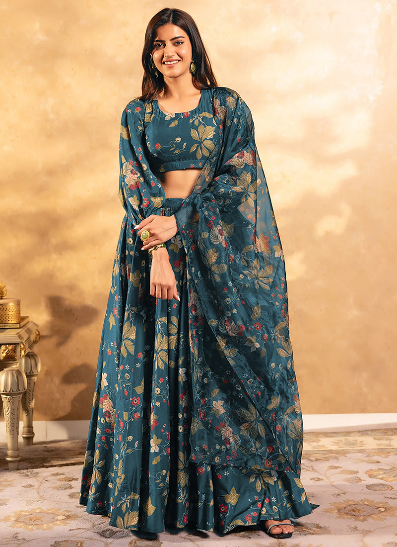 Chinnon Blue Festival Wear Printed Ready To Wear Plus Size Lehenga Choli