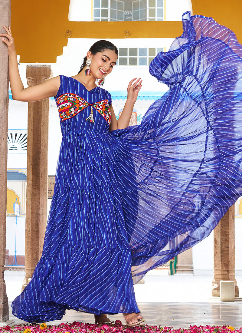 Faux Georgette Blue Navratri Wear Bhandhani Print Readymade Gown