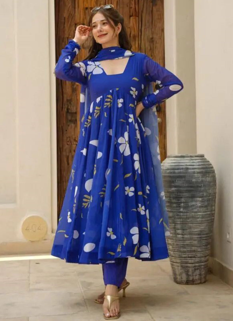 Faux Georgette Blue Party Wear Digital Print Readymade Anarkali Suit