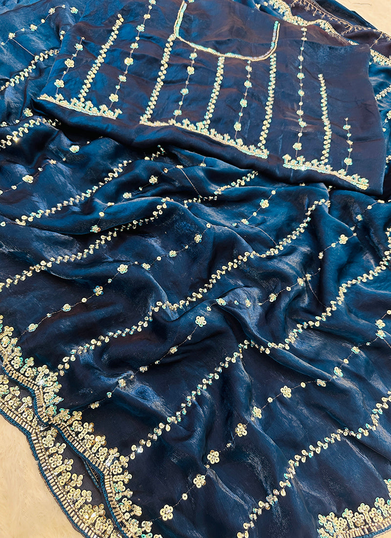 Blue Fendi Satin Sequins Work Festival Wear Saree SW179136