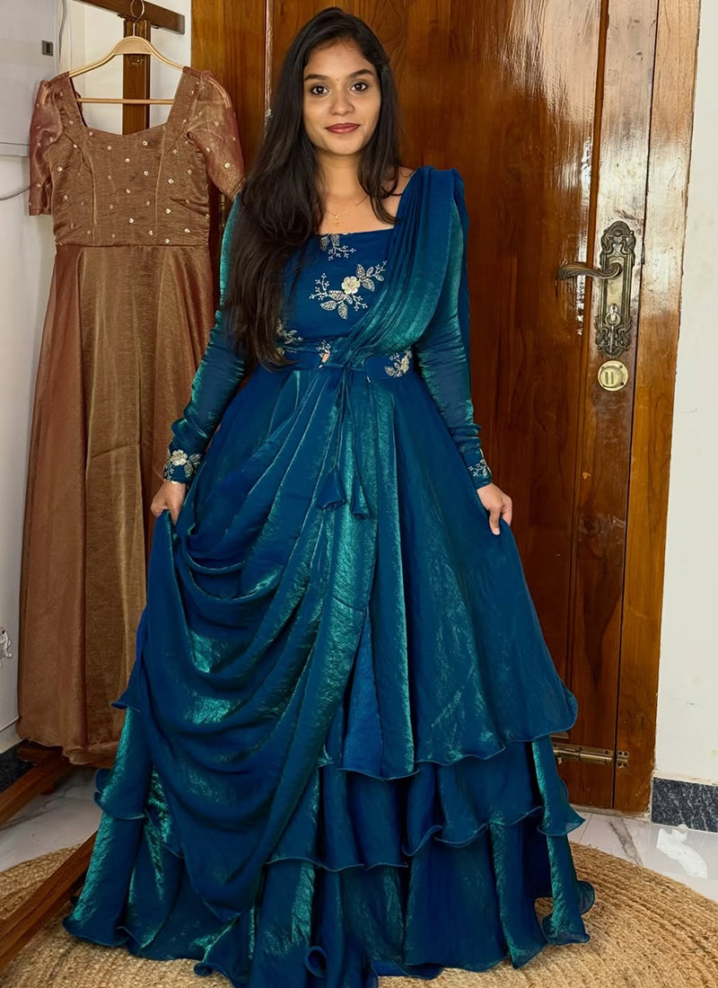 Fendi Satin Silk Blue Party Wear Zari Embroidery Work Readymade Lehenga Choli