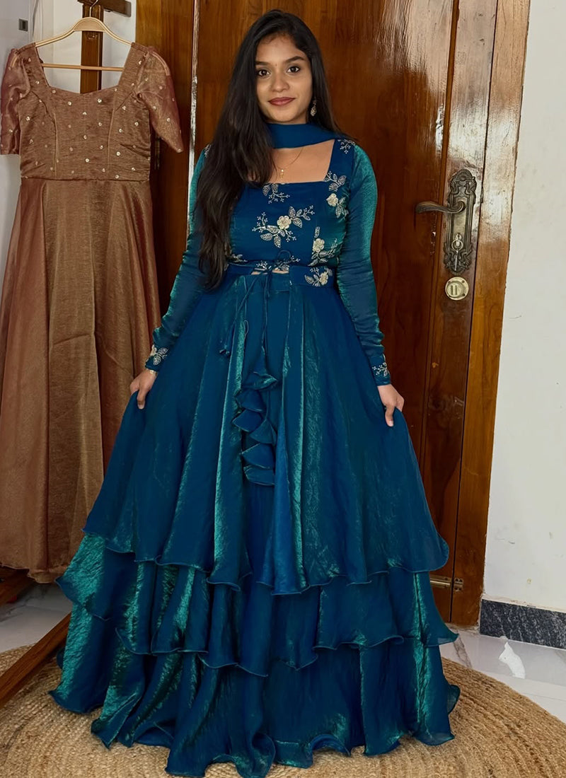 Fendi Satin Silk Blue Party Wear Zari Embroidery Work Readymade Lehenga Choli