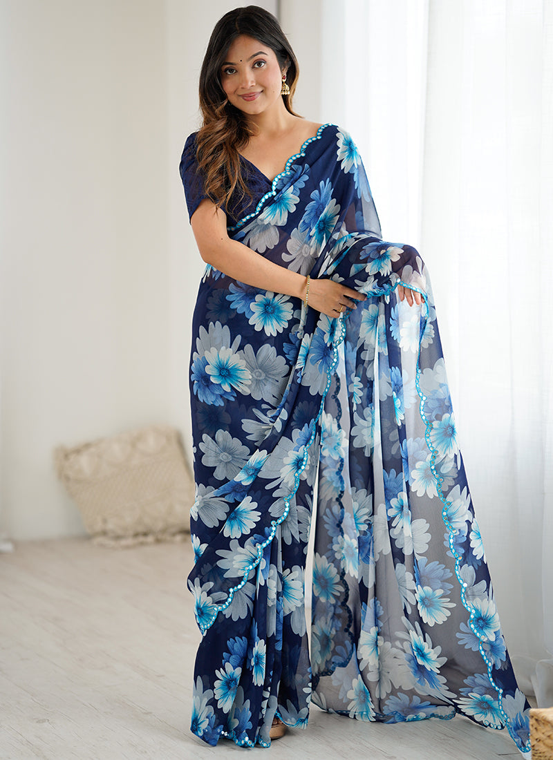 Georgette Blue Casual Wear Digital Print Work Saree 388736