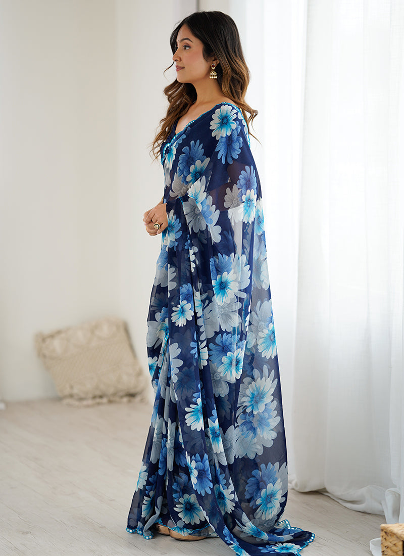 Georgette Blue Casual Wear Digital Print Work Saree 388736