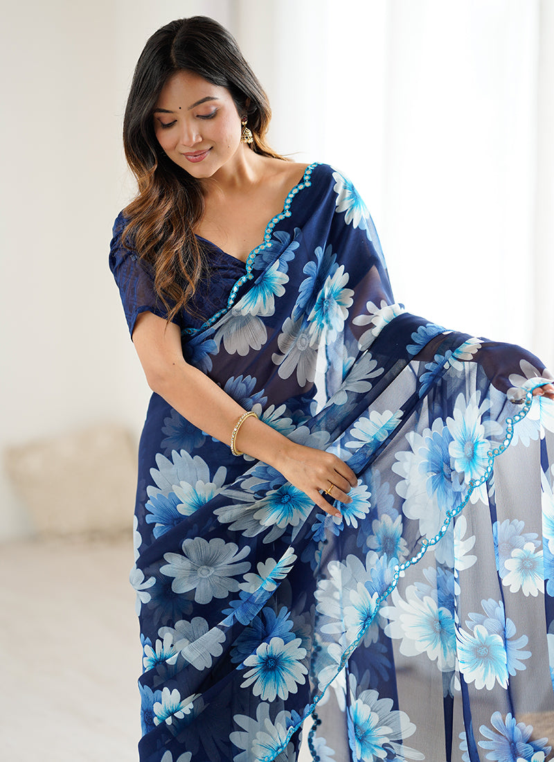 Georgette Blue Casual Wear Digital Print Work Saree 388736