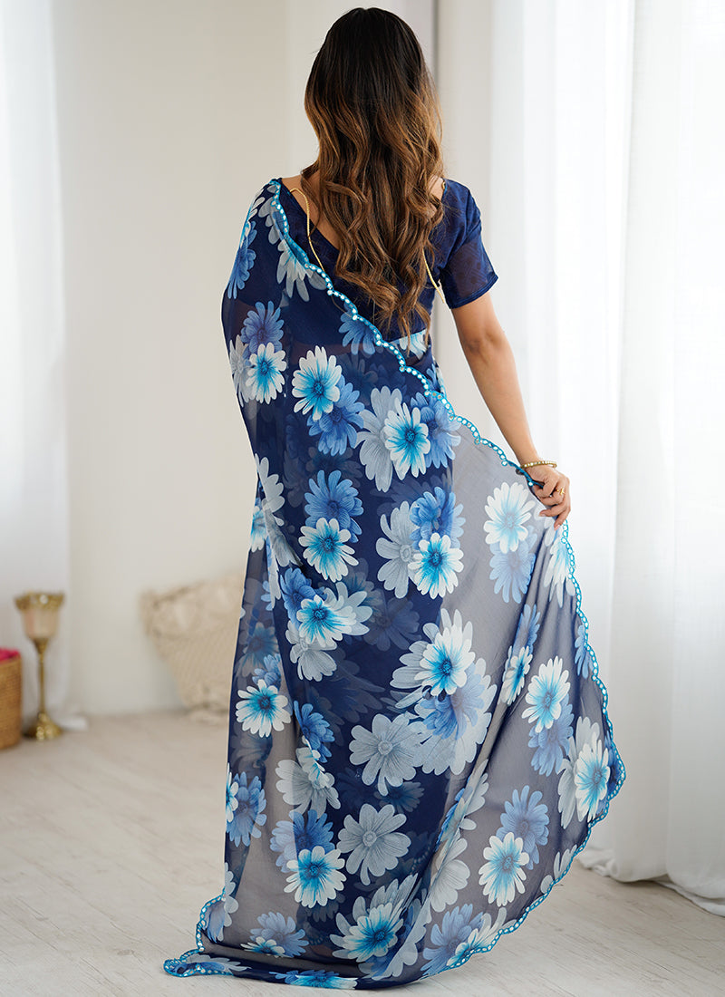 Georgette Blue Casual Wear Digital Print Work Saree 388736